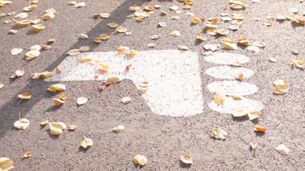 Schild auf dem Bürgersteig im Park, Benutzung von Rollschuhen — Stockvideo