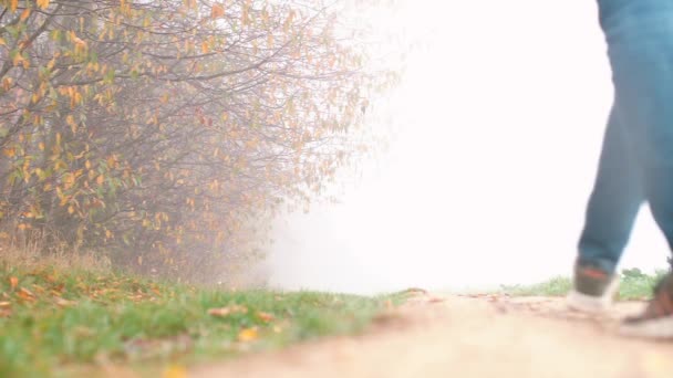 Un homme marche et part sur la route du brouillard . — Video