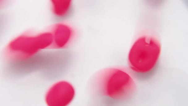 Versare perline di gioielli rosa in un piatto bianco . — Video Stock