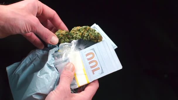 Drogendealer in den Händen von Drogen und Geld. — Stockvideo