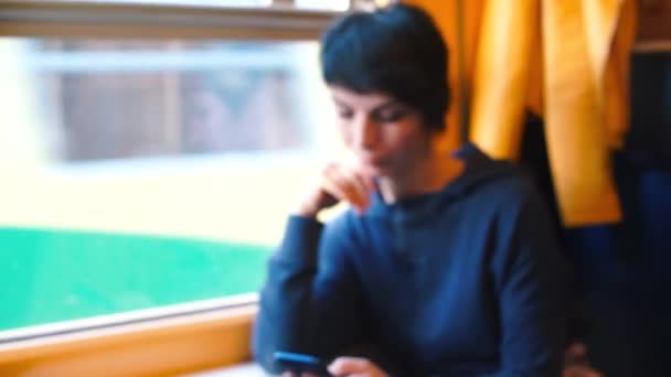 Mujer utiliza un teléfono inteligente en un tren — Vídeo de stock