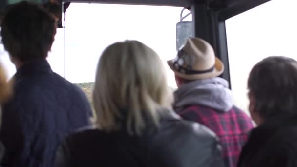 Passagiers rijden de bus terwijl ze staan, kijk uit het raam aan de weg — Stockvideo