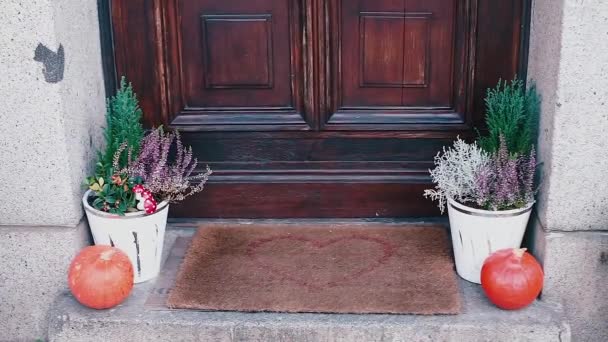 Alfombra con un corazón pintado en la entrada de la casa — Vídeos de Stock