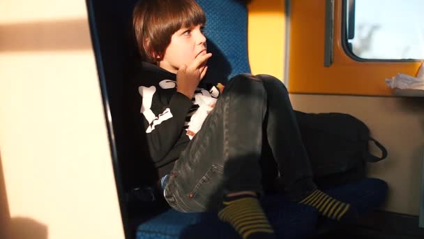 Kleine jongen eet eten in de trein. — Stockvideo