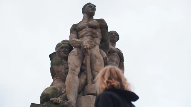 Der Kerl betrachtet die Skulptur an einem regnerischen Tag — Stockvideo