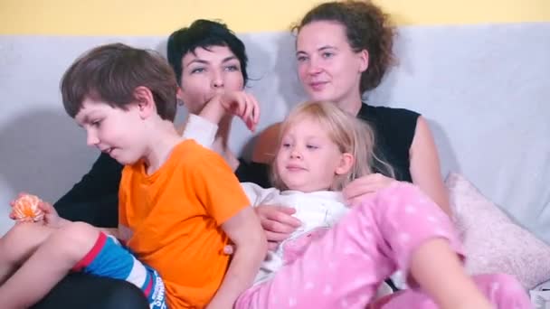 Lesbian family with daughter and son. — Stock Video