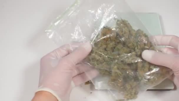 Un policía examina la evidencia, arruga la bolsa de drogas en sus manos — Vídeos de Stock