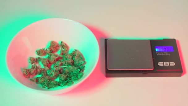 Pesar cannabis medicinal en balanzas — Vídeo de stock
