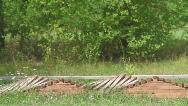 Bambino guida una mountain bike su un ponte di legno — Video Stock