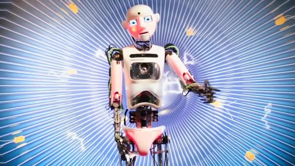 Robot z oczami mówiącymi i poruszającymi rękami na niebieskim tle. — Wideo stockowe