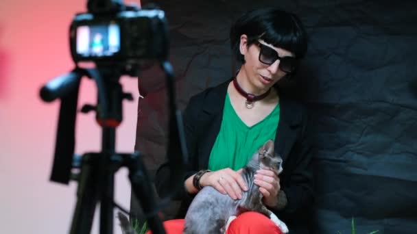 Videobloggaren i svarta glasögon med en katt i famnen slår på kameran. — Stockvideo