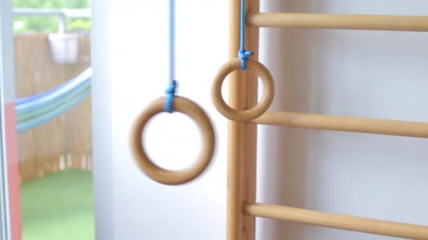 Close-up of playground rings swedish wall — Stock Video