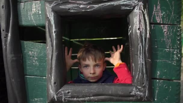 L'écolier regarde par la fenêtre de la maison, grimace, attire l'attention — Video