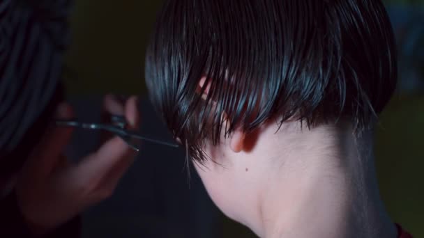 Detailní záběr nůžek kapající vlasy na hlavu. — Stock video