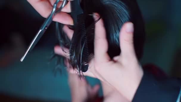 Парикмахер показывает, как подстричь волосы на голове . — стоковое видео