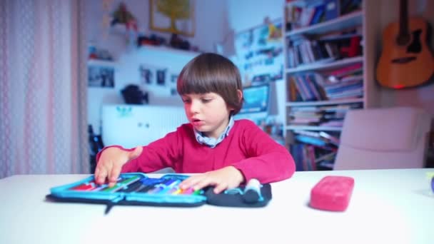 Un garçon examine un étui à crayons, sort un crayon — Video