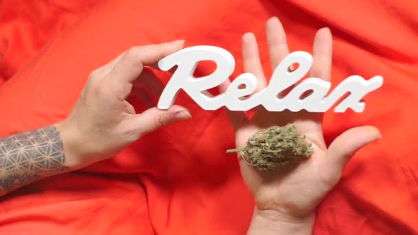 Close-up da inscrição relaxar e cannabis nas mãos de uma menina — Vídeo de Stock