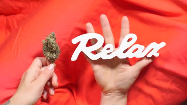 Das Mädchen hält eine weiße Aufschrift in der Hand und steckt eine Knospe Cannabis — Stockvideo