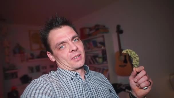 Een blogger maakt een blog over medicinale marihuana. — Stockvideo