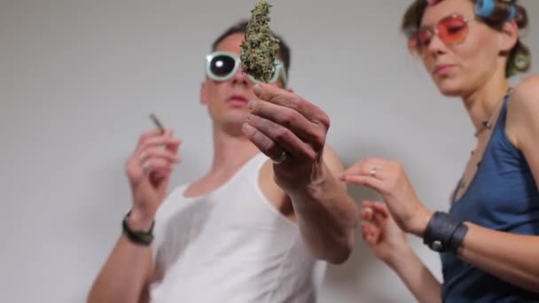 Cannabis roken, een koppel rookt een joint met marihuana — Stockvideo