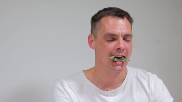 Cara detém cannabis em seus dentes, maconha medicinal — Vídeo de Stock