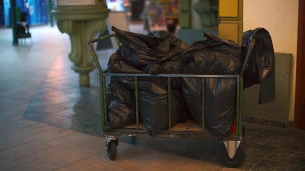 Ein Einkaufswagen mit schwarzen Müllsäcken steht in der Lobby des Hotels. — Stockvideo