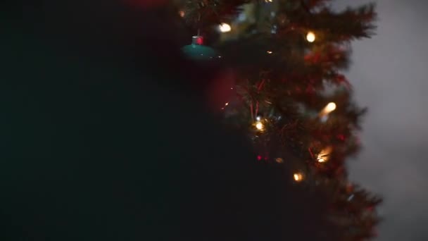 O menino pendura um brinquedo de árvore de Natal na árvore de Natal . — Vídeo de Stock