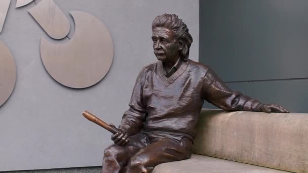 Einstein zit op een bank met een voorwerp in zijn handen.. — Stockvideo