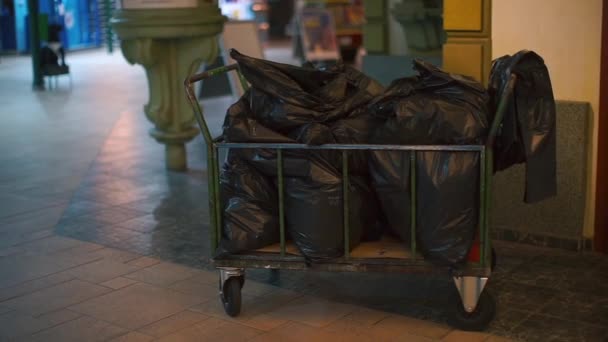 Müllsäcke in einem Einkaufswagen in einer Gasse nachts — Stockvideo