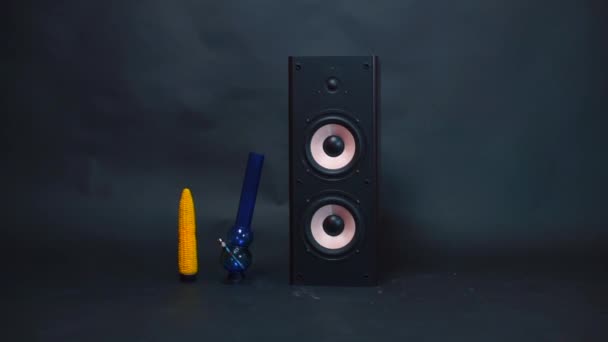 Close-up of a speaker, bong and corn on a black background. — Stock Video