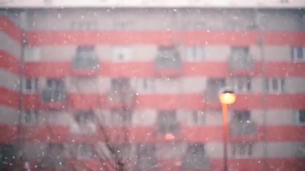 Snöfall på bakgrunden av en flervåningshus. — Stockvideo