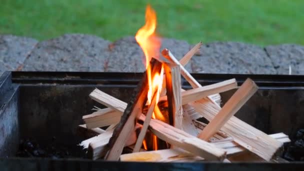 Primer plano de un fuego en llamas en una hoguera . — Vídeos de Stock