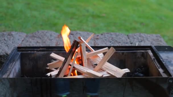 Vlammend vuur in een barbecue op een groene achtergrond. — Stockvideo