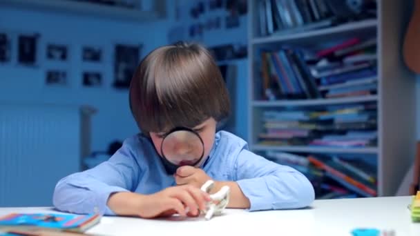 Schoolboy examines an object through a magnifying glass — Stock Video