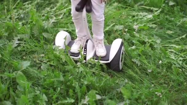 Homem usa um segway no gramado de um parque da cidade — Vídeo de Stock