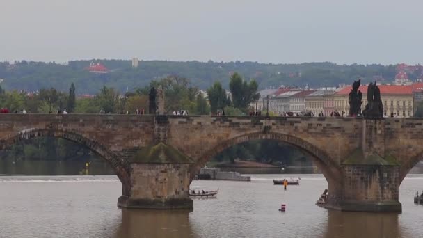 Вид на Карлов мост, по которому ходят туристы — стоковое видео