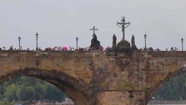 Blick auf die Karlsbrücke, auf der Touristen spazieren — Stockvideo