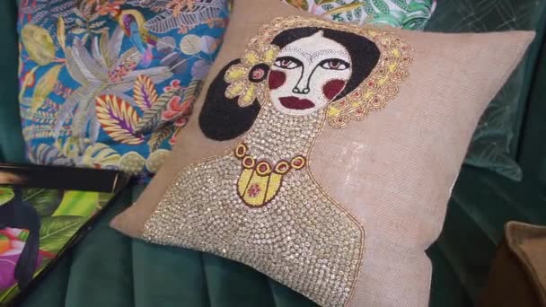 Portrait, girl embroidery on fabric — Stock Video