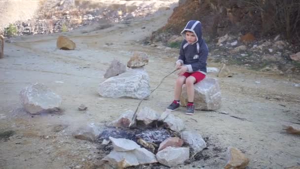 Het kind zit bij het vuur, raakt het vuur aan met een stok — Stockvideo