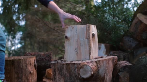 Κοντινό πλάνο του τεμαχισμού ενός κομματιού ξύλου με τσεκούρι. — Αρχείο Βίντεο