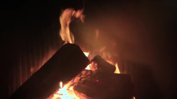 Primer plano de la quema de leña en una chimenea . — Vídeos de Stock