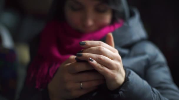 Una donna in un autobus notturno utilizza uno smartphone . — Video Stock