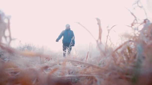Kış kıyafetleri içinde bir adam şehir parkında yürüyor, çığlık çığlığa. — Stok video