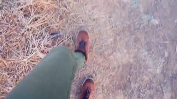 Fötter av en skogvaktare promenader längs en skogsväg i vinterstövlar. — Stockvideo