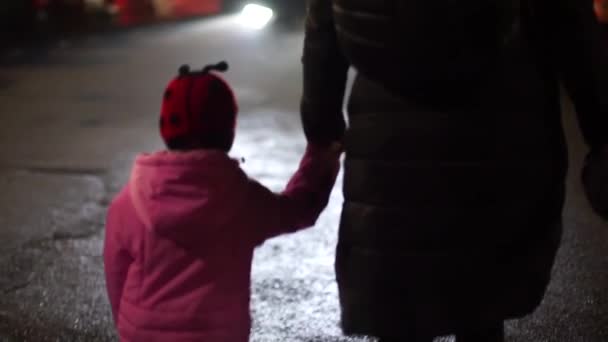 Der Lehrer führt die Kinder im Herbst nachts über die Straße. — Stockvideo