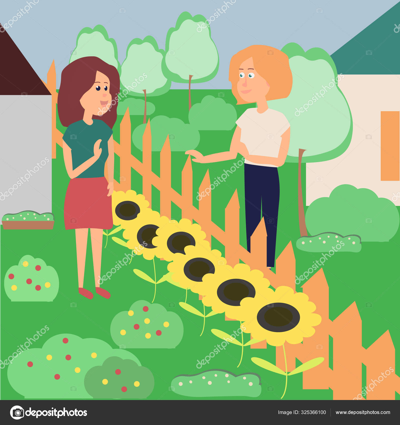 Two female neighbors talk through the fence of their homes