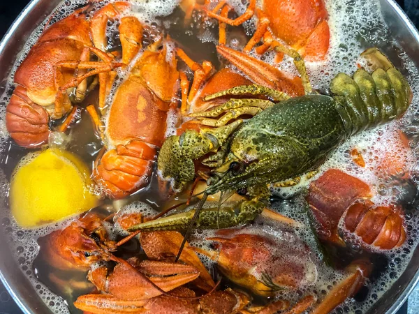 Crayfish koken in kokend water met specerijen. — Stockfoto