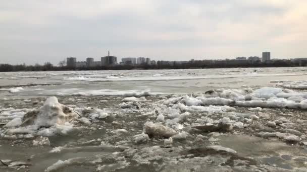 Pohyb ledu na řece na jaře po chladné zimě na Sibiři. — Stock video