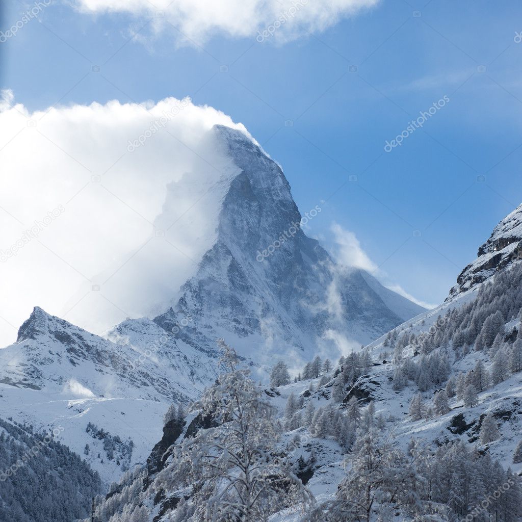 Amazing view on Zermatt - famous ski resort in Swiss Alps, with view on Matterhorn mountain