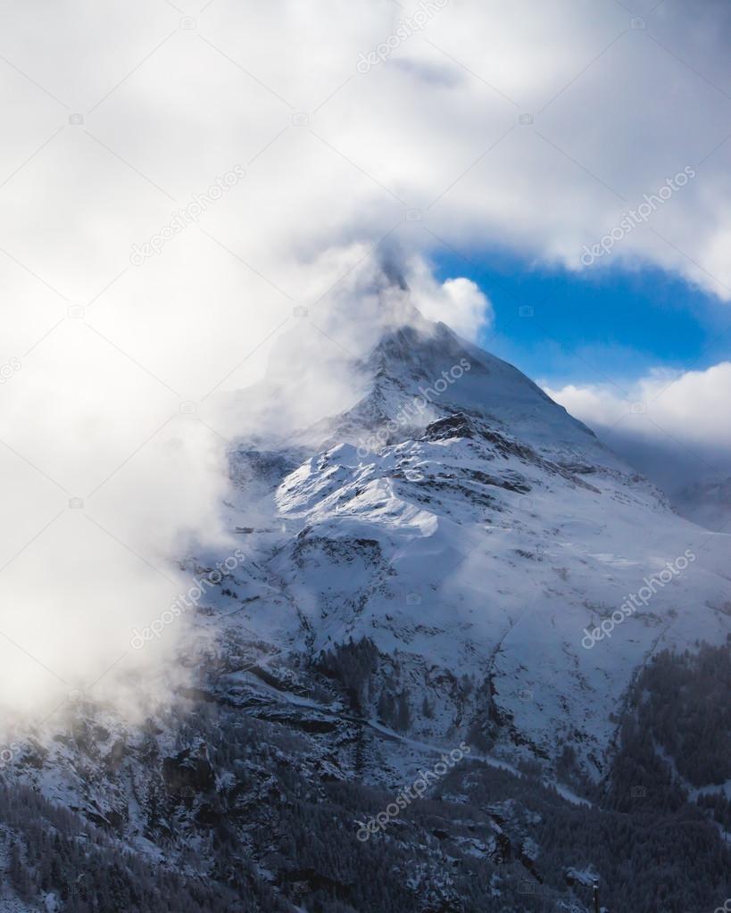 Amazing view on Zermatt - famous ski resort in Swiss Alps, with view on Matterhorn mountain